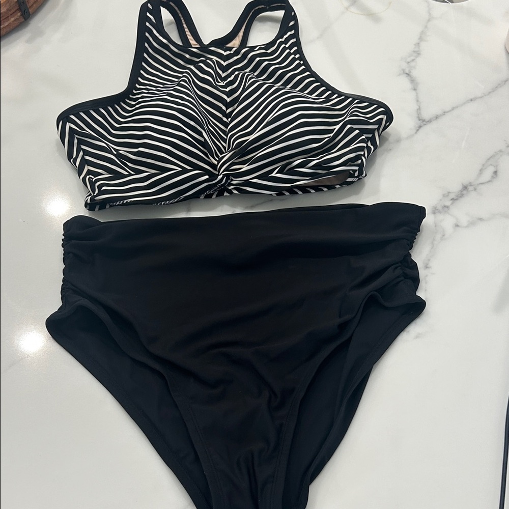 Time and Tru Black and White Striped High Neck Bikini Set